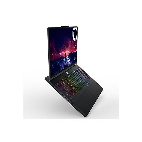 Schwarzer Laptop, leicht angewinkelt, Bildschirm mit farbenfrohem Hintergrund, Tastatur mit Regenbogenbeleuchtung.