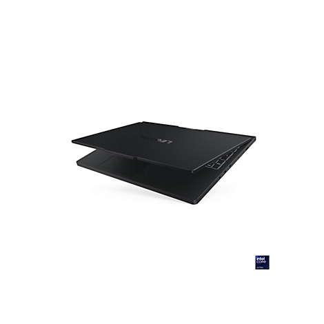 Schwarzer Laptop mit der Aufschrift "LEGION" auf dem Deckel, leicht geöffnet auf weißem Hintergrund. Unten rechts ein Intel Core Ultra-Logo.