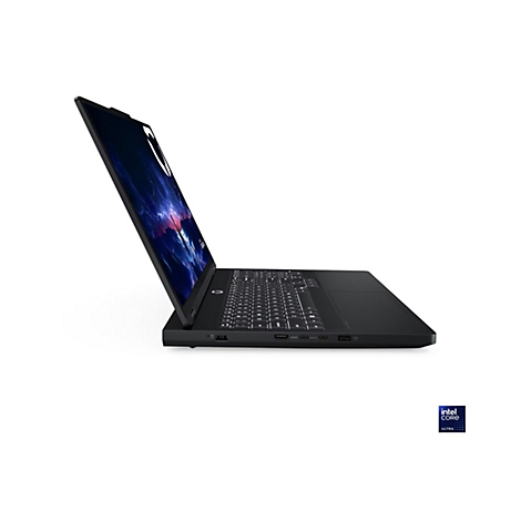 Ein schwarzes Laptop mit geöffnetem Bildschirm, der eine Weltraumlandschaft zeigt. Die Tastatur ist beleuchtet. Rechts unten: Intel CORE ULTRA.