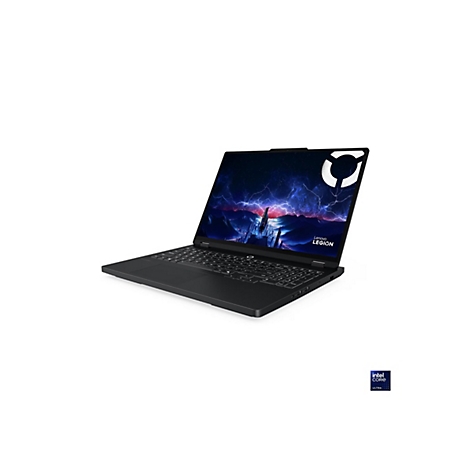 Schwarzer Laptop der Marke Lenovo Legion. Bildschirm zeigt Grafik mit Logo, Keyboard und Touchpad. Aufkleber Intel Core Ultra.