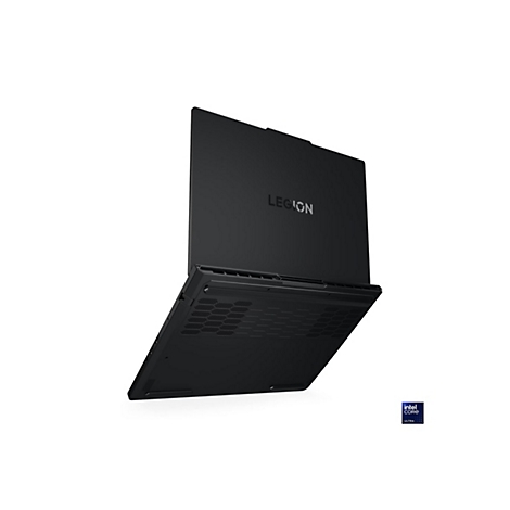 Schwarzer Laptop im Winkel von oben gezeigt, Markenname „Legion“ oben mittig. Untere Seite mit intel Core Ultra Logo.