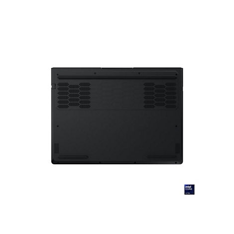 Die Unterseite eines schwarzen Laptops mit Kühlöffnungen und dem Intel Core Ultra-Logo.