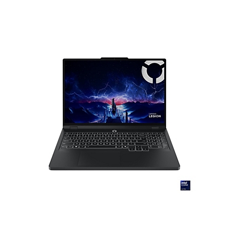 Schwarzes Lenovo Legion Notebook mit geöffnetem Display. Auf dem Bildschirm ist eine Stadt mit Blitzen zu sehen. Auf der Tastatur steht der Lenovo Legion Schriftzug. Unten rechts ist ein Intel Core Ultra Logo.