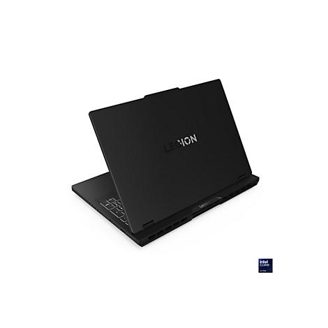 Schwarzer Lenovo Legion Laptop in Schrägansicht. Der Laptop ist geöffnet, das Legion-Logo ist deutlich sichtbar.