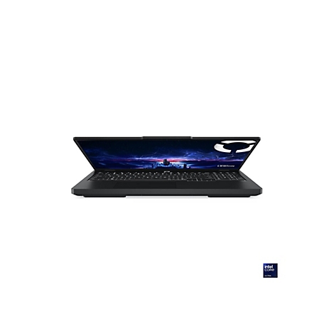 Schwarzes Laptop auf weißem Grund, Bildschirm zeigt Logo und Stadtbild, Tastatur und Intel-Logo.