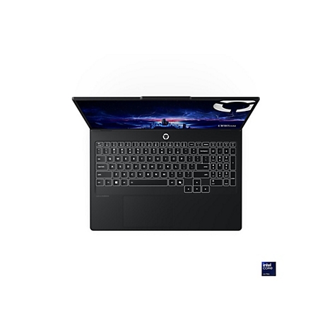 Draufsicht auf einen schwarzen Laptop mit weiß beleuchteter Tastatur. Der Bildschirm zeigt einen Nachthimmel. Unten rechts das Intel Core Ultra Logo.