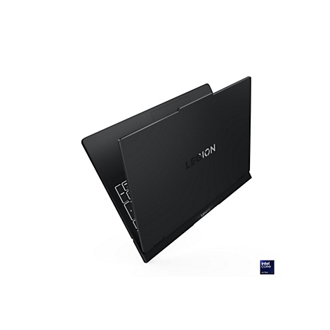 Schwarzes Lenovo Legion Laptop mit geöffnetem Deckel, Tastatur und "LEGION"-Logo. Unten rechts Intel Core Ultra.