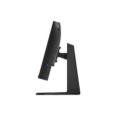 Seitliche Ansicht eines schwarzen Lenovo Monitors auf einem Standfuß vor weißem Hintergrund.