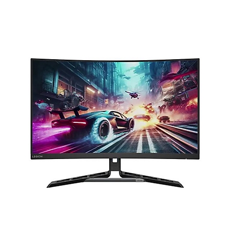 Lenovo Legion Gaming-Monitor mit gewölbtem Display zeigt ein actionreiches Rennspiel vor neutralem Hintergrund.