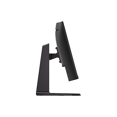 Seitenansicht eines schwarzen Computermonitors auf einem minimalistischen Ständer vor weißem Hintergrund.