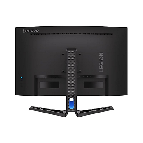 Rückseite eines schwarzen Lenovo Legion Gaming-Monitors mit Standfuß vor weißem Hintergrund.