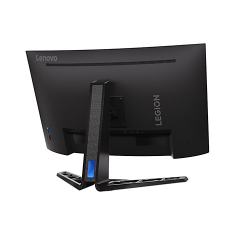 Rückseite eines schwarzen Lenovo Legion Gaming-Monitors auf einem Standfuß vor weißem Hintergrund.