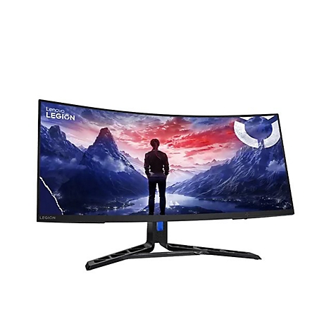 Lenovo Legion Gaming-Monitor mit gewölbtem Display und einer Berglandschaft auf dem Bildschirm.