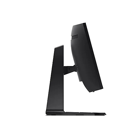 Seitliche Ansicht eines schwarzen Computer-Monitors mit einem schlanken Standfuß auf weißem Hintergrund.