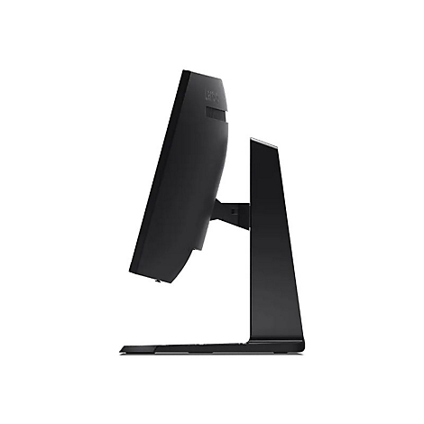 Seitliche Ansicht eines schwarzen Lenovo Monitors auf einem schlanken Standfuß vor weißem Hintergrund.