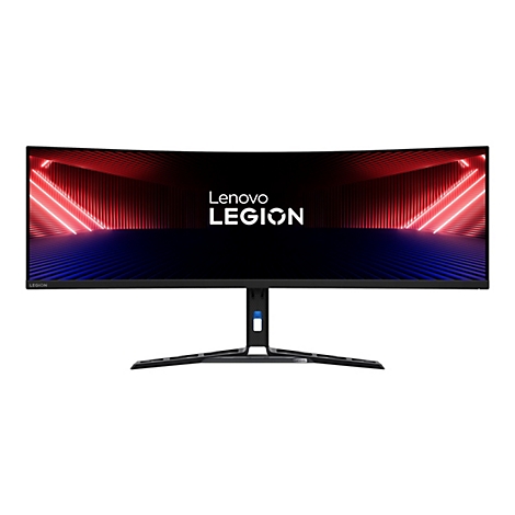 Lenovo Legion Ultra-Wide Gaming-Monitor mit gekrümmtem Display auf einem schwarzen Ständer vor weißem Hintergrund.
