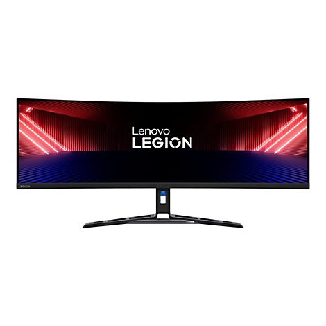 Ultra-Wide Lenovo Legion Gaming-Monitor vor weißem Hintergrund mit leuchtendem Display.