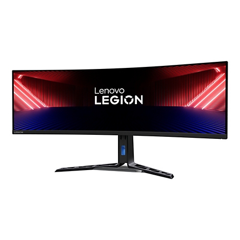Lenovo Legion Ultrawide Gaming-Monitor mit futuristischem Hintergrund auf dem Display vor weißem Hintergrund.