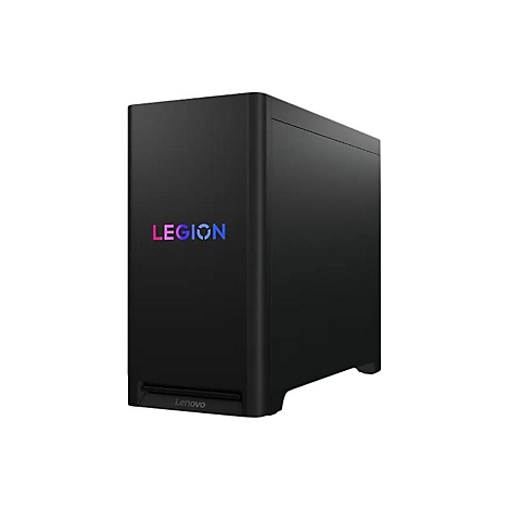 Schwarzer PC-Tower mit „LEGION“-Logo und Lenovo-Schriftzug. Das Logo leuchtet in Regenbogenfarben.
