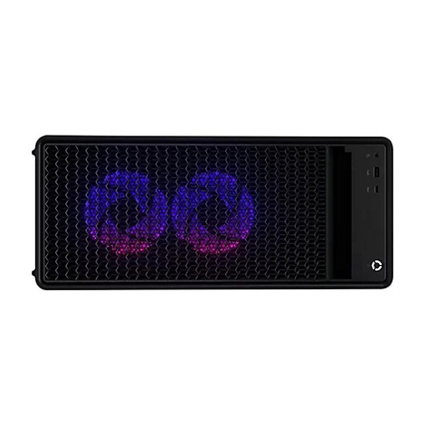 Schwarzes PC-Gehäuse von oben. Gittermuster, beleuchtete Lüfter mit violett-rosa Farben, daneben schwarzes Bedienfeld.