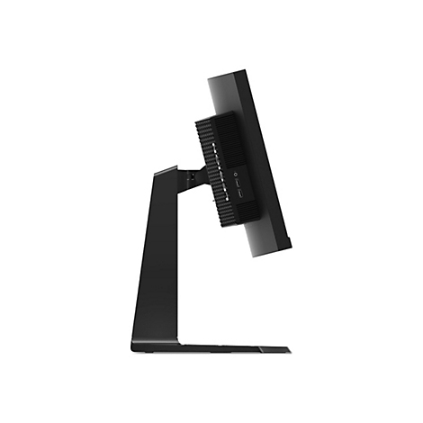 Seitliche Ansicht eines schwarzen Monitors mit montiertem Mini-PC an der Rückseite auf einem Standfuß.