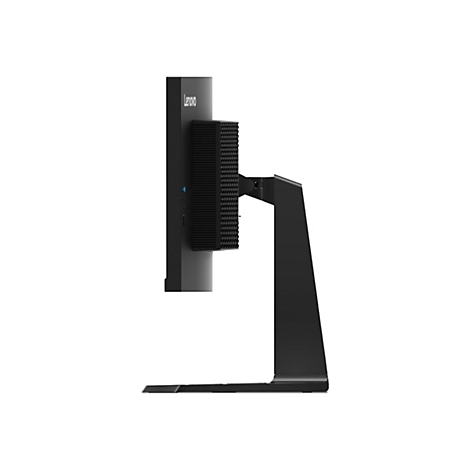 Seitenansicht eines schwarzen Lenovo All-in-One-Computers mit einem schmalen Ständer vor weißem Hintergrund.