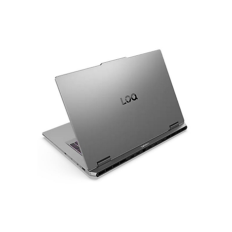 Grauer Laptop im Winkel von hinten, das Logo LQQ und Lenovo Schriftzug sind zu sehen.