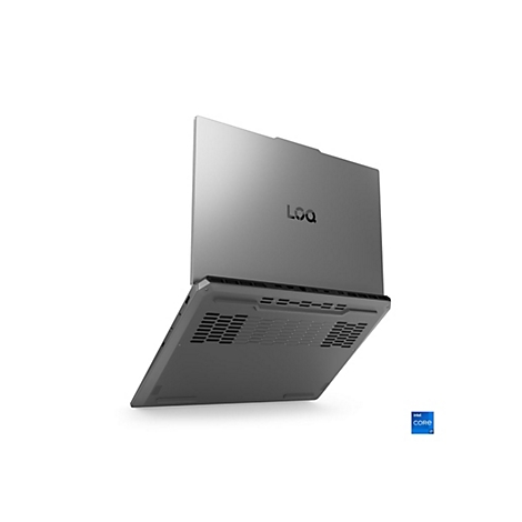 Grauer Laptop, leicht von unten betrachtet, steht schräg. Das Logo "Loq" auf dem Deckel, unten rechts ein "Intel Core i7" Aufkleber.
