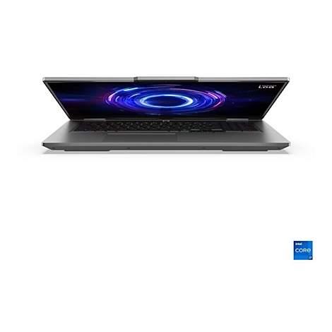 Grauer Laptop, halb geöffnet, auf weißem Hintergrund. Auf dem Display ist ein blauer, kreisförmiger Effekt zu sehen. Unten rechts ist ein Intel Core i7 Logo.
