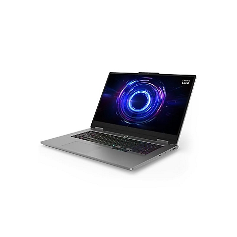 Grauer Laptop mit geöffnetem Display, auf dem blaue Lichteffekte zu sehen sind. Auf dem Display steht Lenovo LOQ.
