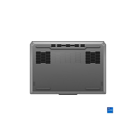 Draufsicht auf die Unterseite eines grauen Laptops. Sichtbar sind Lüftungsöffnungen, Schrauben und das Intel Core i7-Logo.