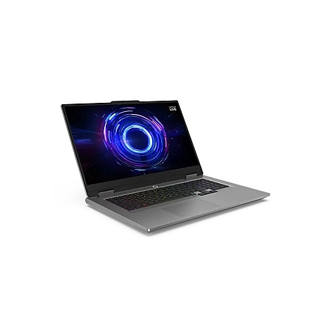 Graues Laptop, Bildschirm zeigt blaues Kreismuster, Tastatur mit farbiger Beleuchtung.