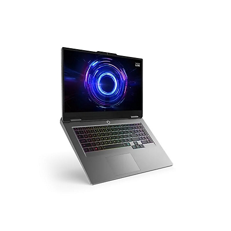 Grauer Laptop, leicht angewinkelt, mit Regenbogenbeleuchtung auf der Tastatur und einem abstrakten Bildschirmhintergrund.