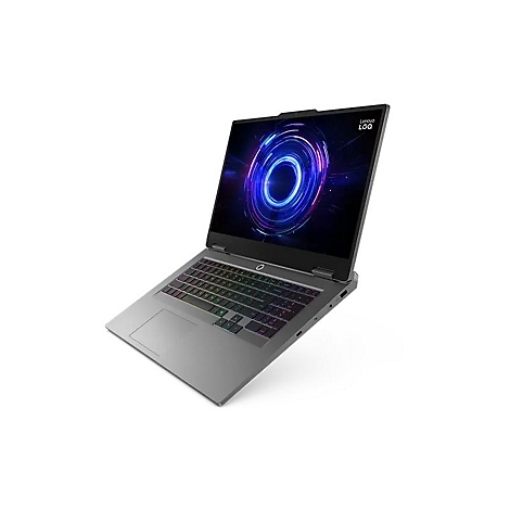 Grauer Laptop mit geöffnetem Display, das einen blauen, neonfarbenen Kreis zeigt. Tastatur mit farbiger Beleuchtung. Das Lenovo-Logo ist sichtbar.