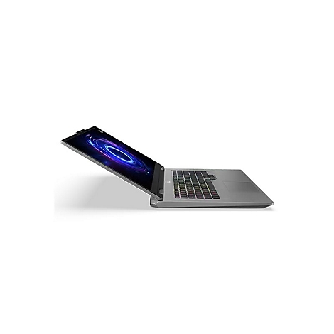 Grauer Laptop, halb geöffnet. Der Bildschirm zeigt einen blauen, kreisförmigen Farbverlauf. Tastatur mit bunten Tasten.