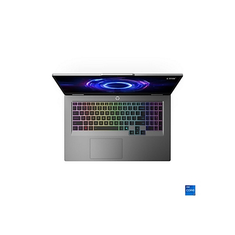 Draufsicht auf einen Laptop mit bunten Tasten und einem blau leuchtenden Bildschirm. Unten rechts ist ein Intel Core i7-Logo.