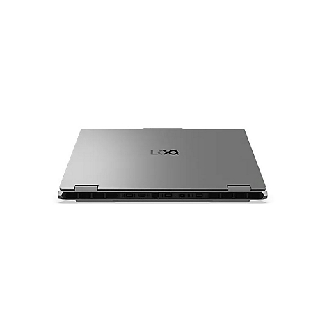 Grauer Laptop, leicht schräg von oben fotografiert, mit Logo 'LOQ' auf dem Deckel. Eine Reihe von Anschlüssen ist an der Unterseite sichtbar.