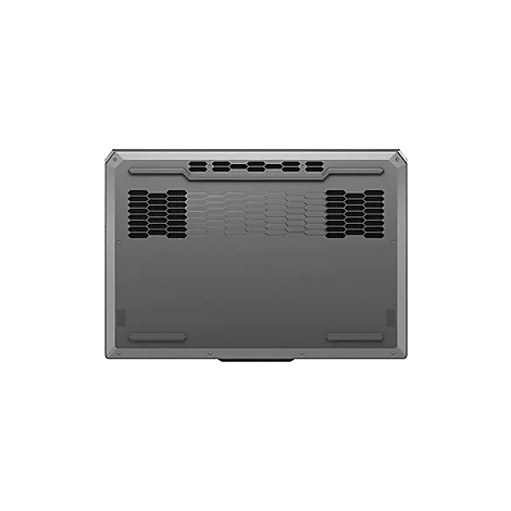 Grauer Laptop von unten, Lüftungsschlitze und Gummifüße.