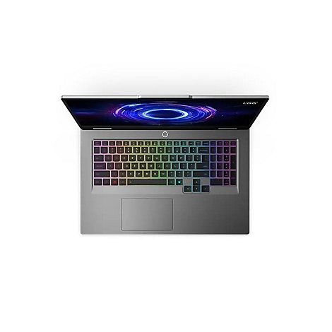 Draufsicht auf einen geöffneten Laptop. Das Display zeigt ein blau-violettes Muster, die Tastatur hat eine mehrfarbige Beleuchtung.