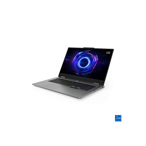 Ein grauer Laptop mit beleuchteter Tastatur steht leicht angewinkelt, der Bildschirm zeigt ein blau-lilanes Muster, oben Lenovo und LOQ-Logo.