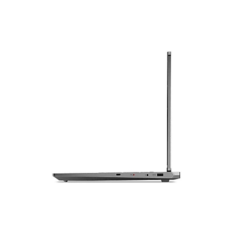 Graues Laptop-Seitenprofil, geöffnet, auf weißem Hintergrund.