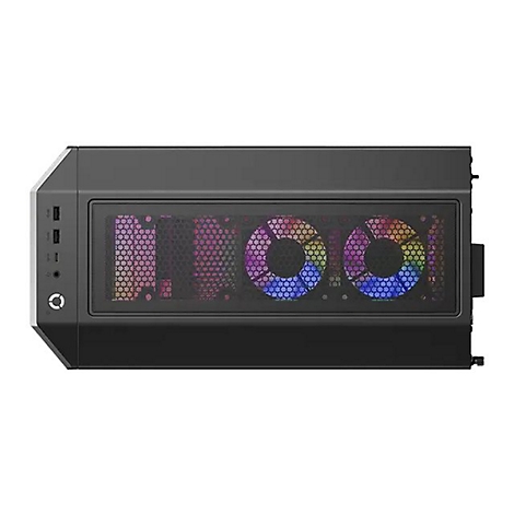 Schwarzes PC-Gehäuse mit Glasfront, beleuchteten Lüftern, USB-Anschlüssen und einem An/Aus-Knopf.