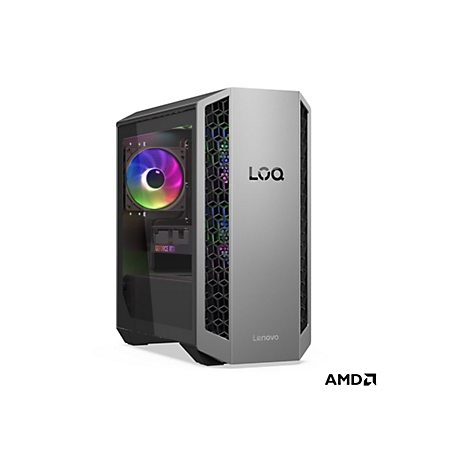 Ein grauer PC-Tower mit Glasfenster, Lüfter mit Regenbogenfarben und "GeForce RTX" Schriftzug. Auf der Vorderseite steht "LOQ" und "Lenovo".