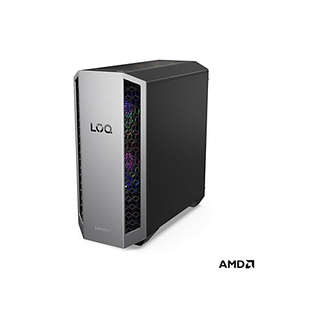 Ein Computer-Gehäuse von Lenovo LOQ, silber-schwarz, mit bunten Lichtern und AMD Logo.