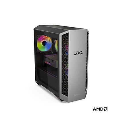 Ein grauer PC-Tower mit RGB-Beleuchtung. Auf der Vorderseite sind die Logos von Lenovo und LOQ zu sehen.