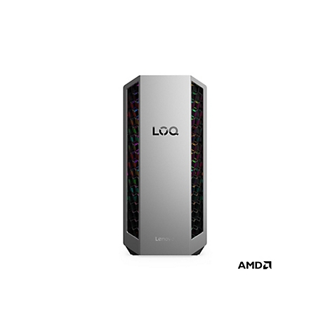 Grauer PC-Tower von Lenovo mit LED-Beleuchtung an den Seiten und Logo. Unten rechts das AMD-Logo.