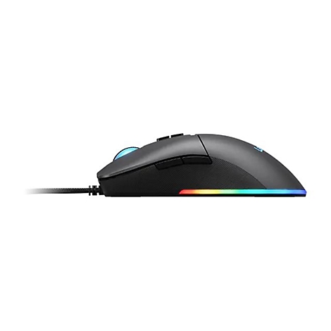 Schwarze Gaming-Maus in Seitenansicht mit leuchtendem RGB-Streifen und Kabel vor weißem Hintergrund.