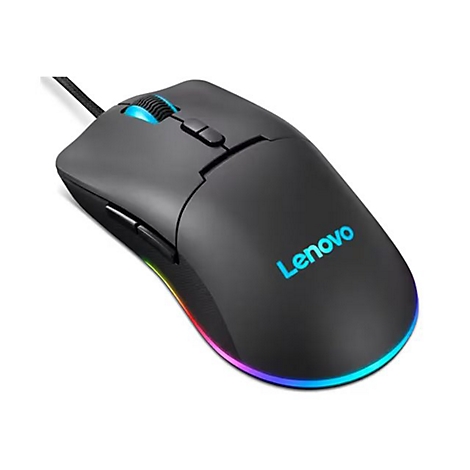 Schwarze, ergonomische Lenovo Gaming-Maus mit leuchtendem blauem Logo und RGB-Beleuchtung am unteren Rand.