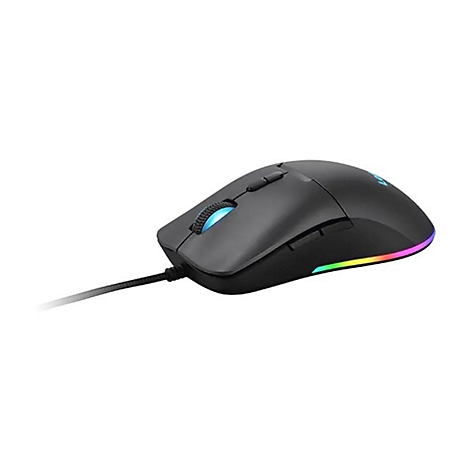 Schwarze Gaming-Maus mit RGB-Beleuchtung und Kabel vor weißem Hintergrund.