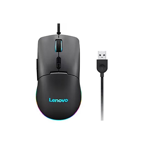 Schwarze Lenovo Gaming-Maus mit RGB-Beleuchtung und USB-Kabel vor weißem Hintergrund.